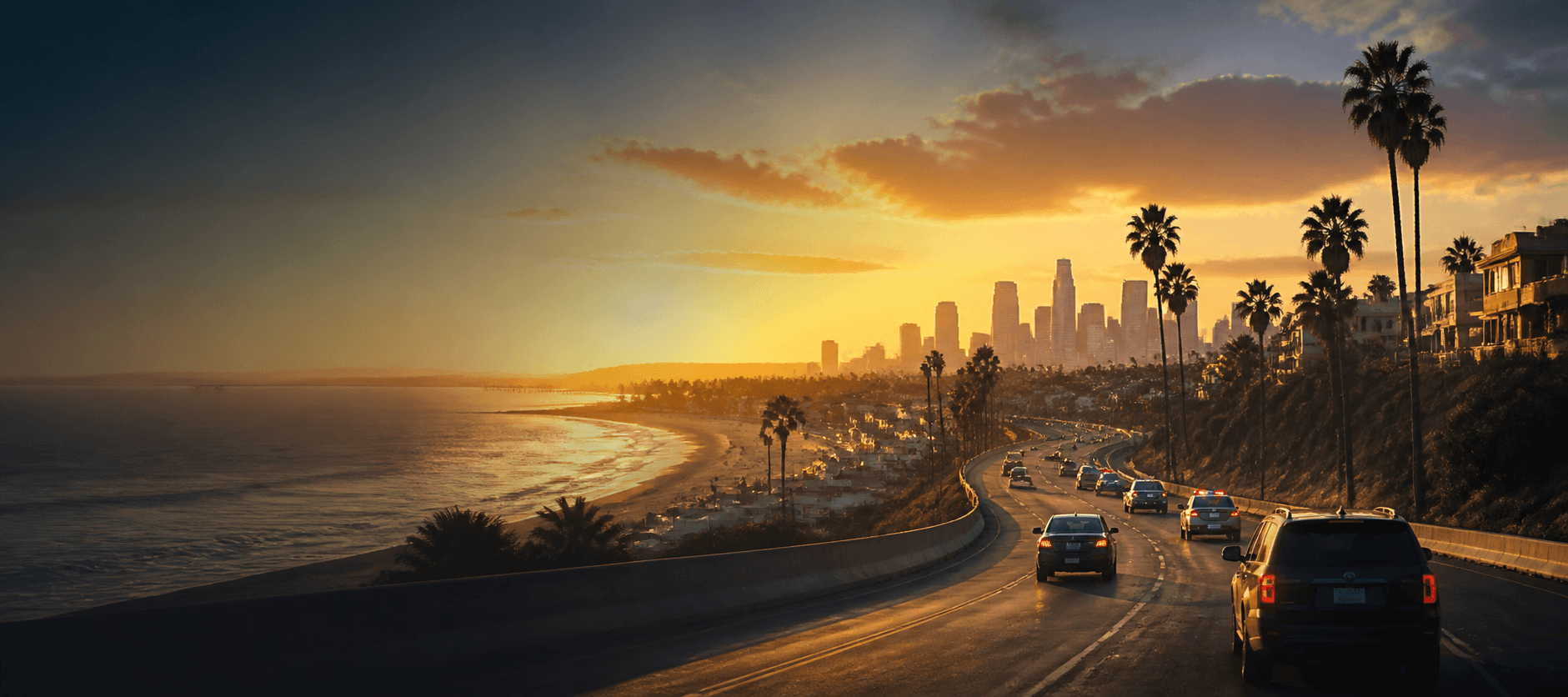 Golden California skyline and coastline inspired scene