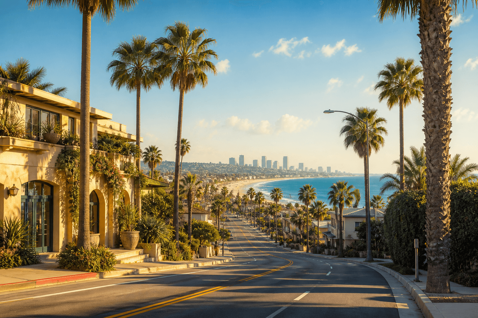 Palm-lined California coastal boulevard